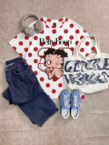 Betty Boop x SHEIN SHEIN EZwear 休閒波點卡通印花圓領短袖寬鬆女款T恤 - 彩色 - 查看 8