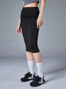 SHEIN BASICS 女款高腰緊身夏季裙 - 黑色 - 查看 4