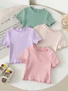 SHEIN 4件組少女夏季可愛羅紋純色荷葉邊短袖上衣，夏季上衣，復活節夏季背心上衣，內衣襯衫束腰可愛上衣，白色上衣，白色抹胸上衣 - 薄荷綠 - 查看 2
