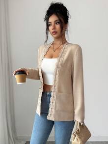 SHEIN Clasi 優雅法式通勤純色蕾絲飾邊夾克外套 米色 辦公室秋季款 - 杏色 - 查看 6
