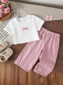 SHEIN 2件組女嬰幼兒/新生兒0-3歲可愛休閒居家/戶外條紋蝴蝶結3D蝴蝶結T恤上衣+條紋長褲套裝，嬰兒莫蘭迪藍色衣著，春/夏 - 紅色 - 查看 5