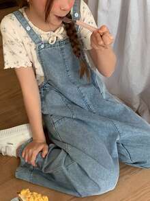 DAZY Young Girl Fashion Versatile Pocket Loose Wide Leg Denim Overalls Fall - Light Wash - View 5