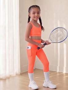 SHEIN Sports And Outdoor Young Girls' Set With Crossback Shoulder Straps, High Elasticity For Figure Enhancement, Free Stretching, Breathable And Sweat-Absorbing For Riding, Running, Indoor Dancing And Comprehensive Training - Burnt Orange - View 4
