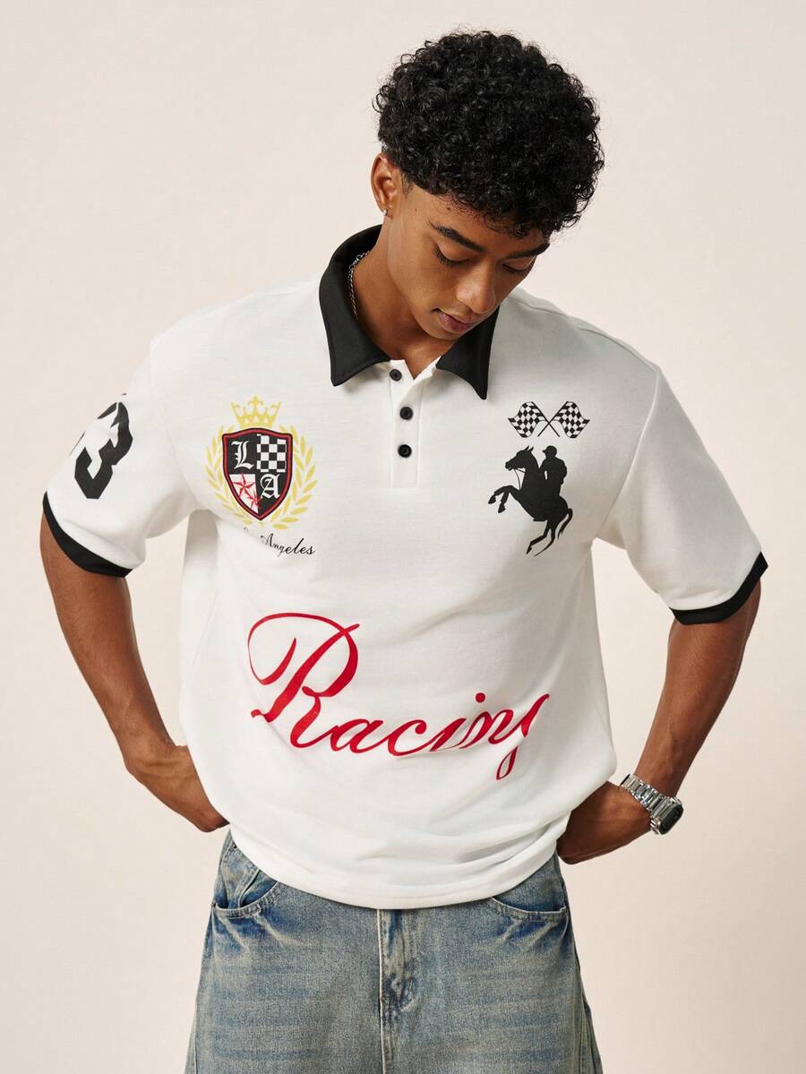 TOKVUE Men's Polo Shirt, Fashionable Racing Element, Horse Riding, Number, Contrast Color Large Letter Print, Collar And Cuff, Button Contrast Color Element Design, Casual Fashion, Basic Versatile Style, Sweatshirt Fabric, Soft Comfortable And Stylish, Suitable For Street Photography, Travel, Gathering, Racing, Horse Riding Activities And Other Occasions - White - View 1