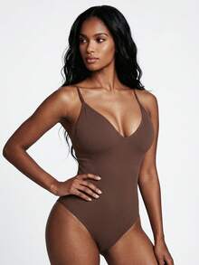 SHAPORA Women's Seamless Coffee Brown Rib-Knit Backless Body Slimming Shapewear Bodysuit - Coffee Brown - View 4