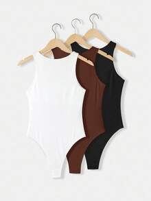 SHEIN BASICS 3件組女款休閒圓領無袖貼身素色針織連身衣 夏季上衣 - 棕色 - 查看 2