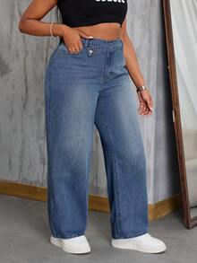 SHEIN CURVE+ 牛仔女郎套裝大尺碼女款藍色無彈力牛仔對稱腰線修身直筒長褲 - 淺色水洗藍 - 查看 4