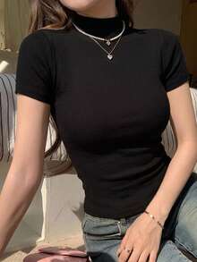 DAZY 女士休闲日常通勤简约纯色立领短袖修身黑色T恤，夏季 - 黑色 - 查看 7