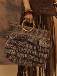MUSERA Layered Straw Fringe Bamboo Top Handle Tote Beach Bag Spring Summer Beach Swim Festival Vacation Cute Daily - dark brown - View 3