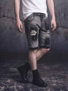 Vyqestra Men's Pocket Distressed Wide Leg Loose Casual Versatile Denim Shorts - Grey - View 3