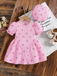 SHEIN 2pcs/Set Baby Girls' Pink And White Striped Bow Print Pink Dress With Beret Hat Cute Summer Classic Plaid Design Birthday Outfit For Outings - Pink - View 7