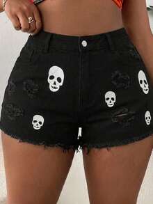 ROMWE Goth Plus Size Ripped Design Skull Print Stretchy Sexy 70's Mini Denim Shorts Black Versatile Date Night Rodeo Summer - Black - View 1