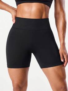Dewbera Dewbera Solid Color Hollow Out High Waist Seamless Sports Shorts - Black - View 6