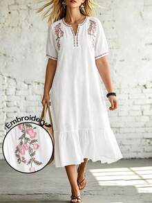 EMERY ROSE Plus Size Versatile Heavy Floral Embroidery Ruffle Hem Dress Vacation Business White Summer Bohemian - White - View 3