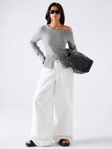 LYSMO Autumn Casual Button Decor Asymmetric Collar Sweater - Grey - View 3