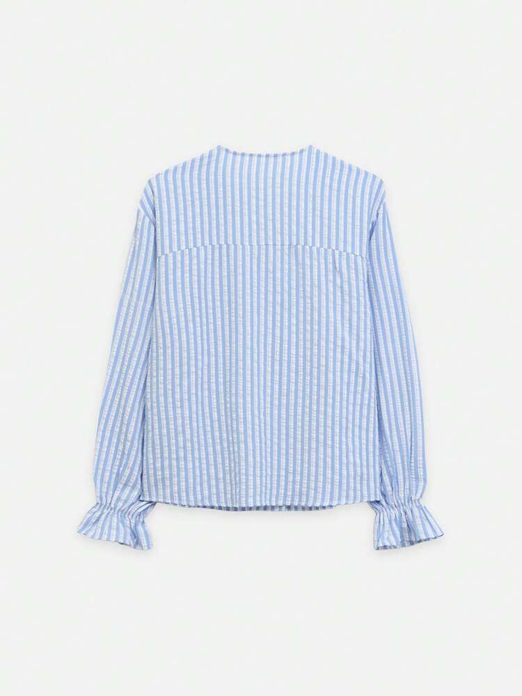 Nöista Blue Striped Blouse With Sailor Collar And Lace Trim In Contrast Color, Puffy Sleeves. Fall, Autumn Outfit For Women - Blue - View 8
