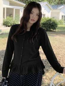 Dazy Plus Solid Color Patchwork Frill Trim Fitted Long Sleeve Casual T-Shirt For Girls, Spring/Autumn - Black - View 3