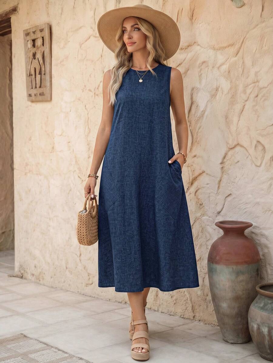 EMERY ROSE Vestido sin mangas con bolsillos laterales para mujer - Azul Marino - Ver 1