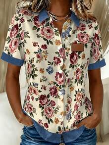 Breezaya Floral Print Short Sleeve Fashion Casual Plus Size Shirt - Multicolor - View 1