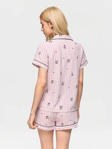 Bonmuse Striped Bow & Cherry Print Women Bubble Crepe Short Sleeve Shorts Pajama Set - Pink - View 2