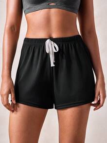 Veilyse 2 piezas Pantalones cortos casuales de mujer de unicolor con cordón, cómodos para el hogar y el sueño, adecuados para primavera, verano y otoño - Multicolor - Ver 4
