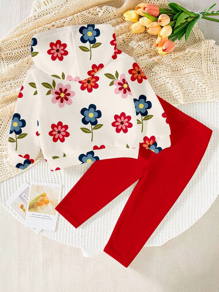 SHEIN Korean Style Girls Vintage Casual Cute Kawaii Modest White Floral All-Over Print Fleece Hoodie Sweatshirt Set, Loose Hoodie + Red Leggings - Multicolor - View 2