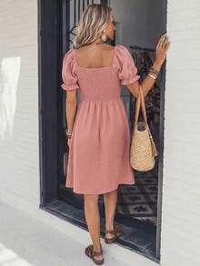 LanaWest Women's Denim Effect Puff Sleeve A-Line Dress - Pink - View 2