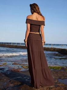 Opulessa Spring/Summer Vacation Knit Dark Brown Print Off-Shoulder Slim Fit Top Low Waist Skirt Women 2 Pieces Set Boho Breezy European Beach Holiday - Brown - View 3