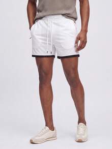 Nelvento Soul Boyfriend Style Men's Color-Block Drawstring Waist Sports Jogger Shorts, White , Lightweight, Gym - White - View 5