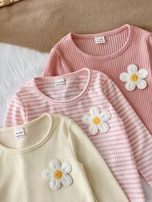 SHEIN 幼兒女童 3 件組柔軟羅紋長袖上衣，休閒基礎圓領上衣 - 彩色 - 查看 3