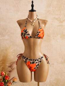 SHEIN 2pcs Women's Sexy Floral & Leopard Print Bandage Bikini Set - Orange - View 3