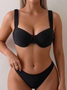 Swim Mod Top de bikini con lazo en la espalda, de unicolor y estilo dulce para mujer de talla grande - Negro - Ver 4