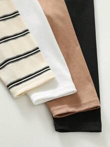 SHEIN 4件/套 男童女童休閒學院風純色百搭拼接條紋圓領長袖T恤多件套，舒適百搭，適合外出、居家、春夏季秋冬、校園聚會、假期、聖誕節 - 彩色 - 查看 4