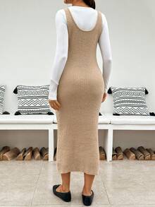 SHEIN 孕婦純色休閒日常針織洋裝 - 卡其色 - 查看 4