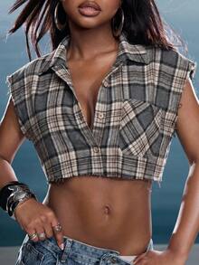 Denimoi Boxy Crop Top Plaid Collared With Raw Edges Fashionable Streetwear Grunge Everyday Daytime Grey Plaid Summer Going Out - Grey - View 8