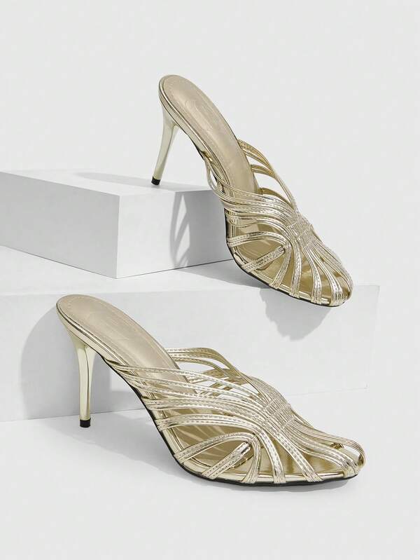 CUCCOO SZL Spring And Summer With Hollowed-Out Design Stiletto, Imperial Sister Style Mirror Silver Back Empty High-Heeled Sandals Party Nightclub