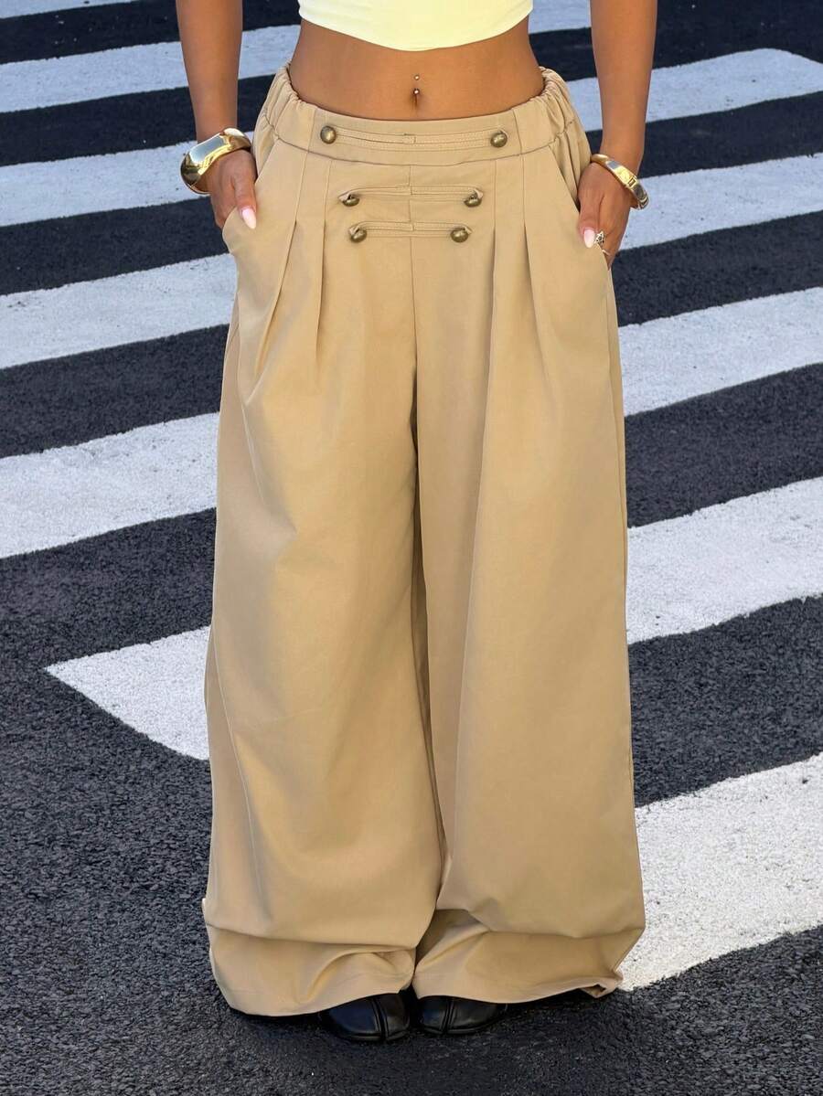 Muchica Autumn Outfits Office Everyday Work Wear For Women Casual Loose-Fitting Khaki Napoleon Woven Trousers - Khaki - View 1