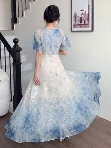 Modelyn Spring/Summer Gentle Style Romantic Elegant Gradient Blue And White Floral Print Pleated Dress Vacation - Multicolor - View 3