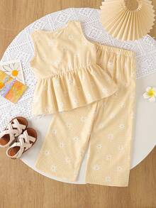 SHEIN Elladie kids 女童新款清新田園風精緻碎花兩件套，棕色蝴蝶結裝飾背心上衣 + 同款碎花寬腿長褲，甜美可愛時尚日常穿搭，夏季 - 黃色 - 查看 2