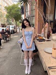 Skyraze Women's Light Blue Floral Summer Embroidered Ruffle Bust Camisole Mini Dress,Cottage Core Tropical Strappy Square Neck Picnic Vacation,Elegant Prom - Blue - View 3