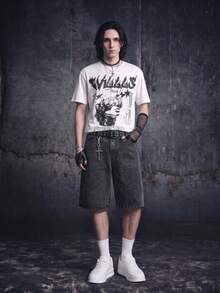 Vyqestra Men's Casual Street Style Embroidered Black Wide Leg Denim Shorts - Dark Grey - View 3