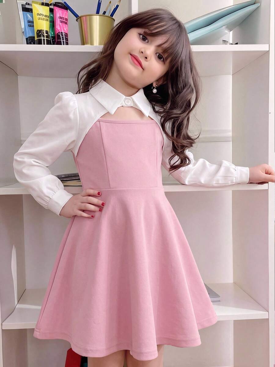 SHEIN فستان بناتي لطيف 2 في 1 بأسلوب بريبي، كاروهات وردي وأبيض مع كشكشة وياقة بيتر بان، فستان مرقع بتباين أبيض للعودة إلى المدرسة - وردي - مشاهدة 1