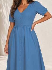 ELLERISSA Plus Size Blue V-Neck Puff Sleeve Button Front A-Line Midi Dress - Blue - View 6