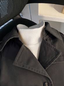 SHEIN 嬰兒男/女童深灰色中長版長袖領口風衣外套附腰帶，極簡拿破崙奢華街頭風，秋季辦公正式健身穿搭 - 黑色 - 查看 3
