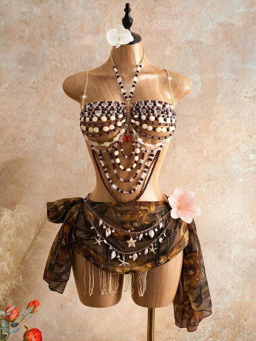 Mistrie 女款夏季度假水晶串珠細肩帶背心,棕色性感海灘度假風 - 咖啡棕 - 查看 1