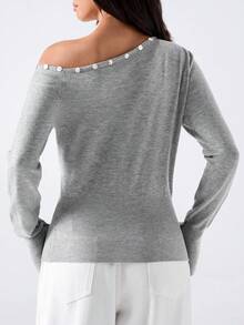 LYSMO Autumn Casual Button Decor Asymmetric Collar Sweater - Grey - View 2