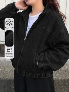Dazy Plus 淺洗藍色連帽拉鍊式寬鬆燈籠袖收口下擺牛仔夾克 大尺碼女款 - 黑色 - 查看 1