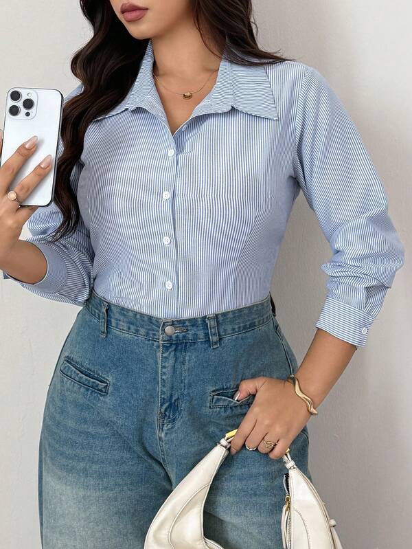 Dazy Plus Plus Size Fashionable Striped Lapel Fitted Casual Sexy Long Sleeve Spring/Autumn New Blue Shirt
