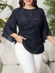 Reflora Plus Size Elegant Commuter Solid Color Cut-Out Blouse - Navy Blue - View 1