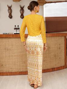 EastFlair Women's Lace Long Sleeve Top And Floral Pattern Skirt Elegant Two Pieces Set Wedding Mother Of The Bride Christening Yellow Summer - Multicolor - View 7